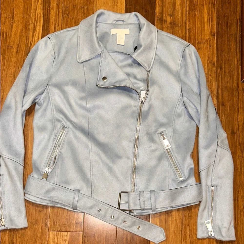 H&M Girls Size 12 Light Blue Faux Leather Moto Biker Jacket Belted